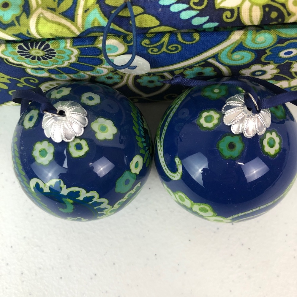 Vera Bradley Rhythm & Blues Christmas Glass Ornament Set in Padded Storage Box